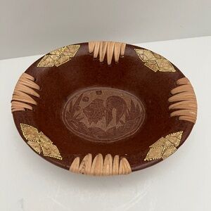 Vintage  Handmade Woven Rattan Rim Red Clay Pottery Bowl Dominicana 7.5"
